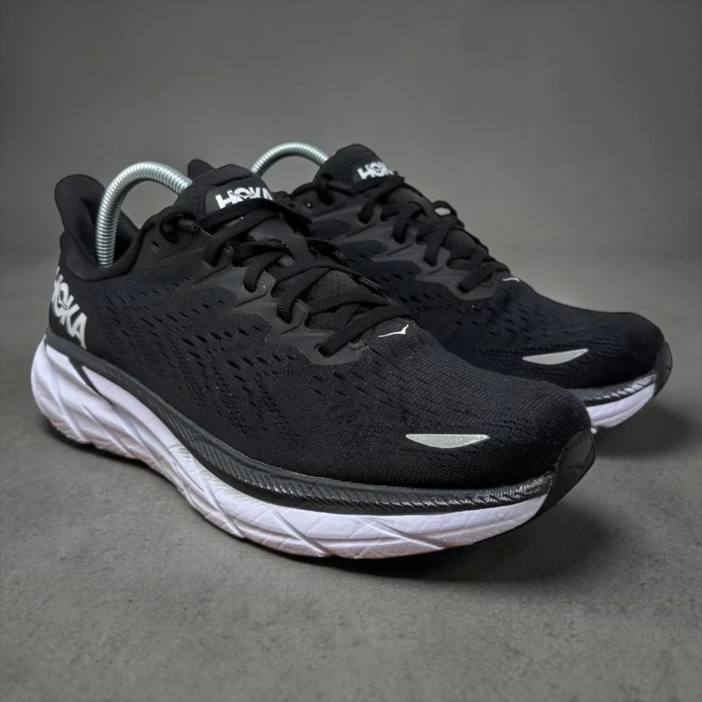 Hoka Clifton 8 Running Shoes Womens 9.5 Black White 1119394 BWHT Low Top Mesh - Picture 1 of 9
